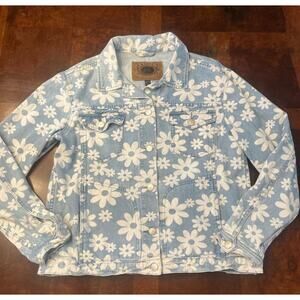 Vintage Rusty Floral Daisy Print Denim Jacket Blue White XS Y2K Surf Streetwear
